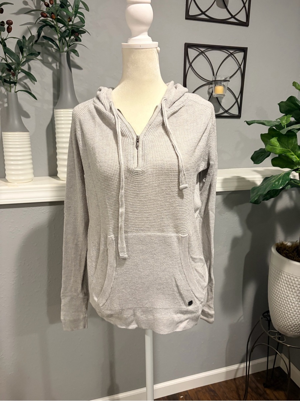 Prana Light Gray Hooded Waffle Half-Zip Pullover